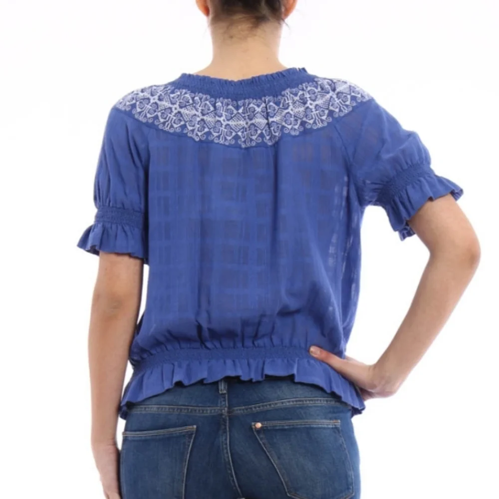 Tory Burch Nina Blouse Embroidery White Blue Peasant Cotton Western Boho Medium